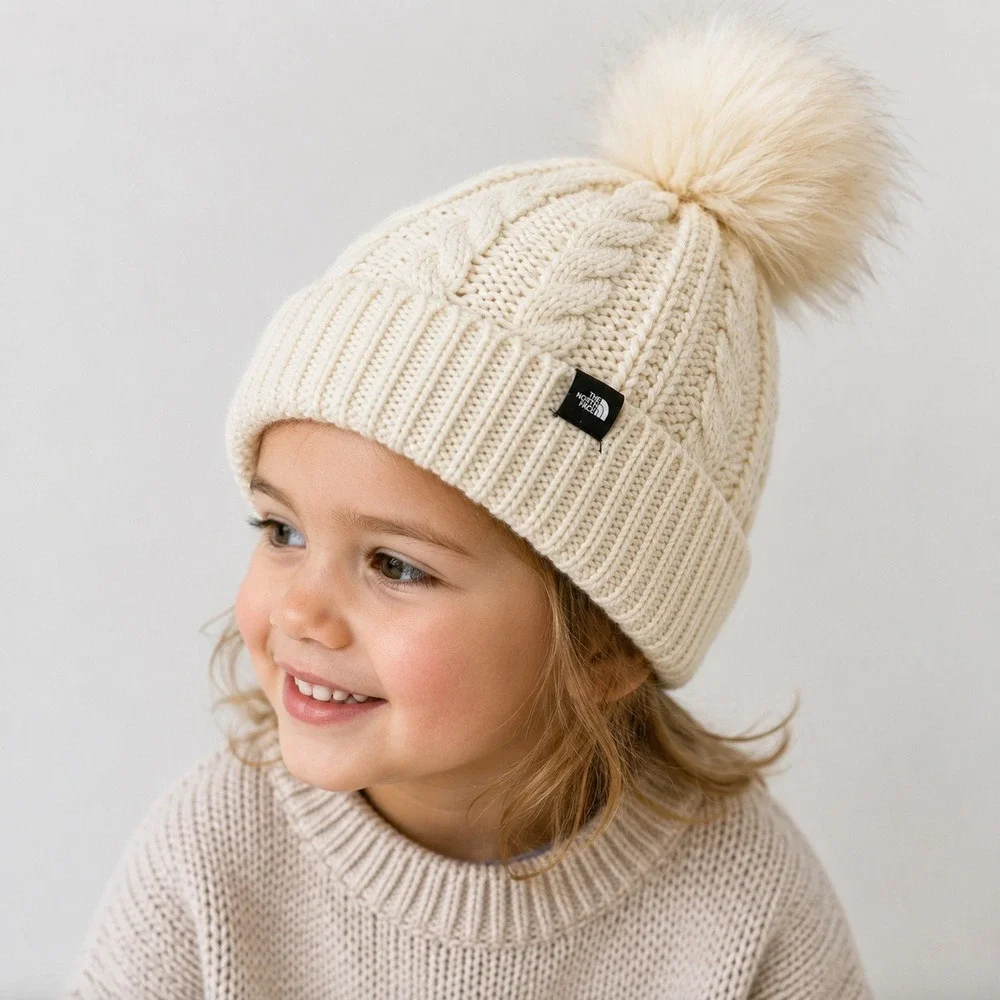 The North Face Kids OS Beanie Cable Knit Faux Fur Pom Pom Cream Hat NF0A7WFL